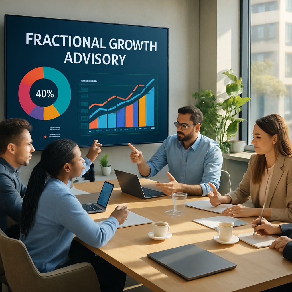The image depicts a modern office environment with a sleek, minimalist design. A large window reveals a vibrant cityscape, bathed in the warm glow of a sunset. In the foreground, a diverse group of professionals, both men and women, are engaged in an animated discussion around a glass conference table cluttered with laptops, notepads, and coffee cups. A digital screen on the wall displays colorful graphs and charts illustrating marketing metrics and growth strategies. The individuals are dressed in smart-casual attire, exuding an air of collaboration and innovation. Potted plants add a touch of greenery to the space, enhancing the atmosphere of creativity and productivity.