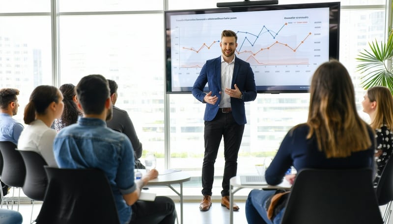 Facilitator leading a corporate workshop focused on business growth, a big monitor behind him. Facilitator leading a corporate workshop focused on business growth, a big monitor behind him.